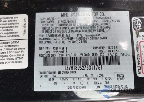 2007 Ford Shelby Gt500 z USA, uszkodzony, nr VIN 1ZVHT89S275311761